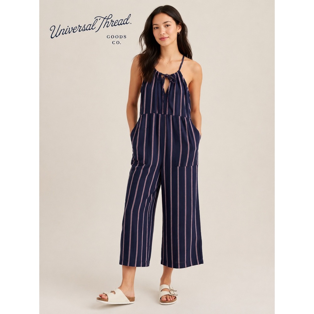 Universal Thread Navy Red Striped Halter Neck Jumpsuit Wide Leg Crop Medium